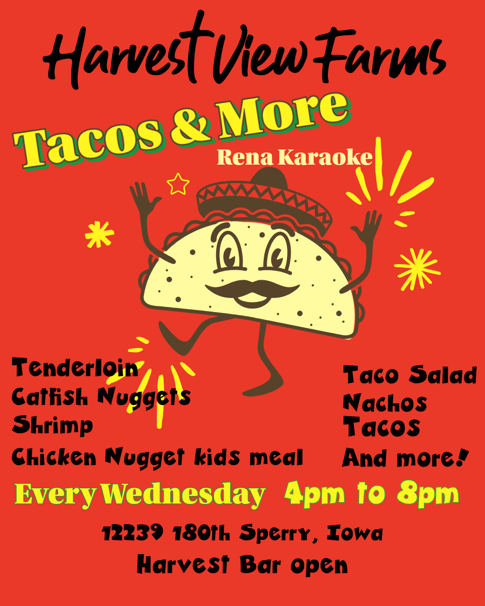 Red poster for Harvest View Farms: Tacos & More on Wednesdays. Cartoon taco with sombrero, menu, & karaoke details.