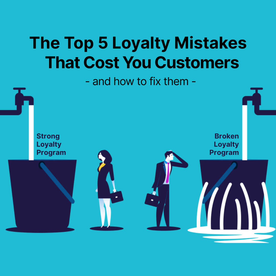 Illustration of a leaky funnel labeled “loyalty program,” with customers slipping through and a frus