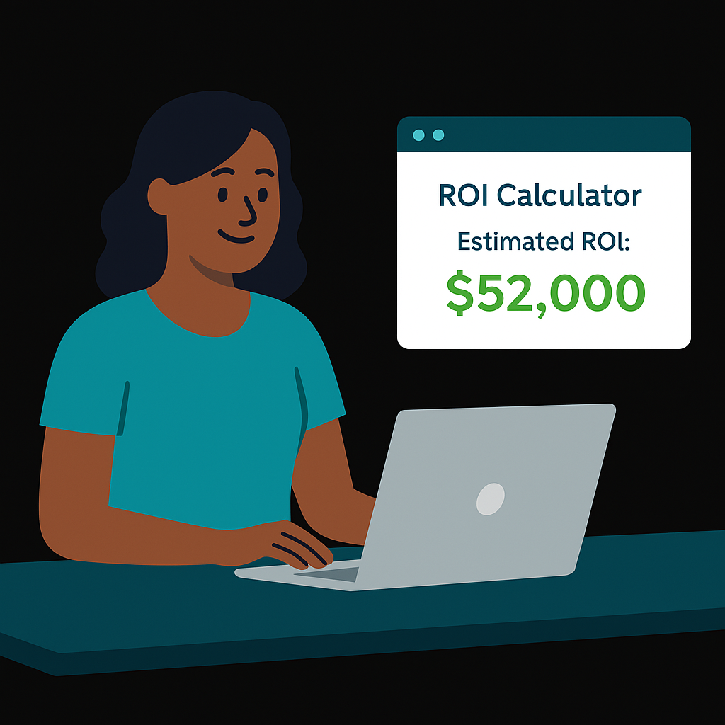 Business owner smiling while reviewing estimated ROI from a loyalty calculator on their laptop.