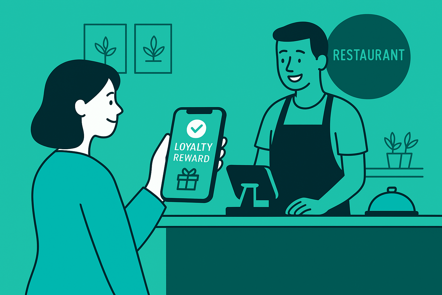 Customer receiving a digital loyalty reward at a restaurant counter from a smiling cashier.