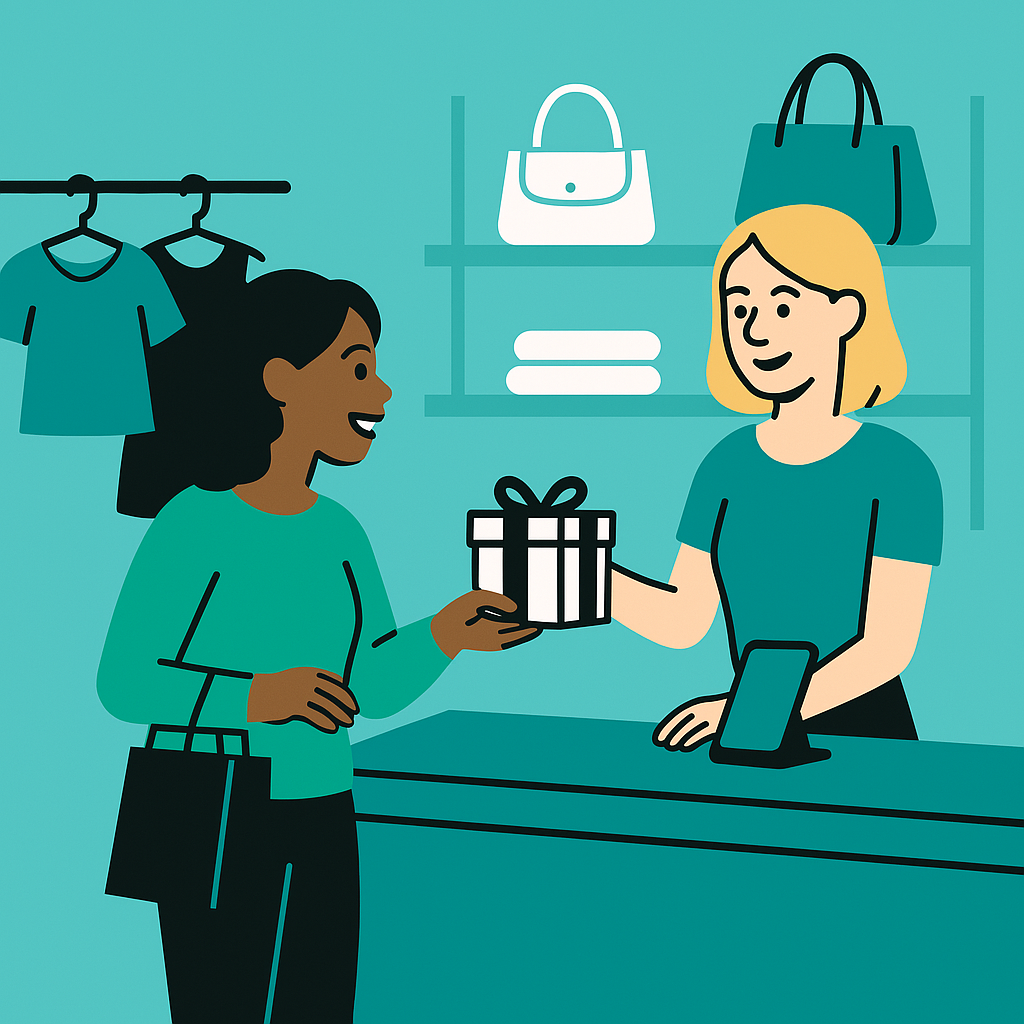 Boutique customer receiving a small gift from the cashier as part of a loyalty reward.