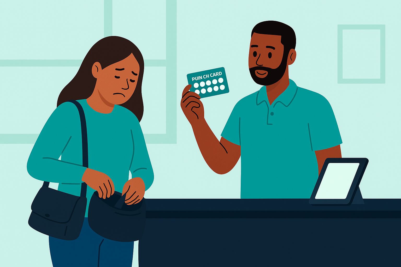 Frustrated customer searching their bag while cashier holds a paper punch card behind the counter.