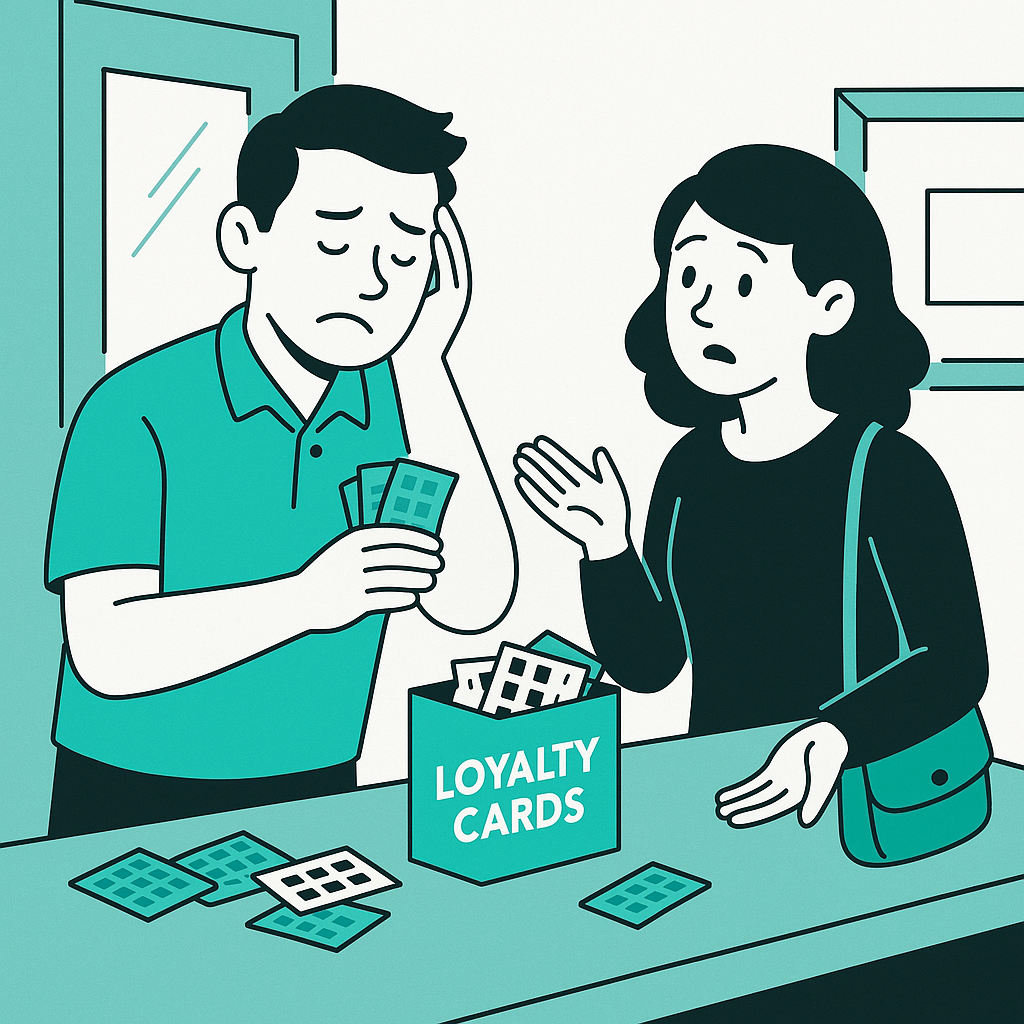 Frustrated business owner holding messy punch cards while a confused customer waits at the counter.