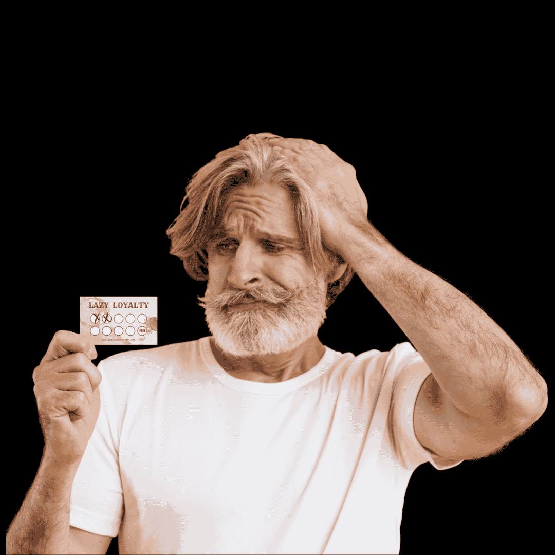 Local business owner holding a paper punch card loyalty plan looks discouraged.