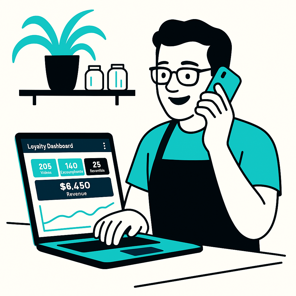 Business owner using a digital loyalty dashboard while speaking with a support specialist on the phone.