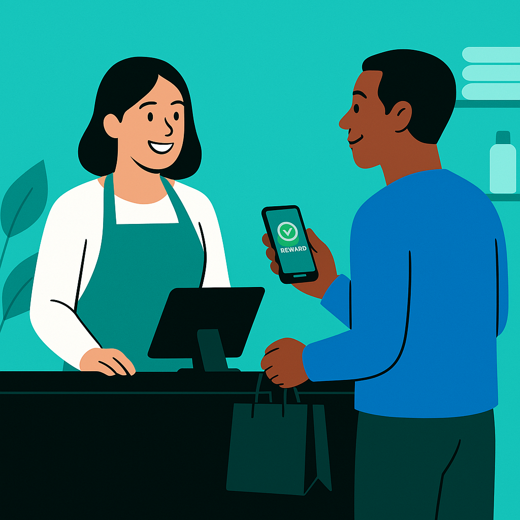 Business owner smiling as a loyal customer makes a purchase and earns a digital reward.