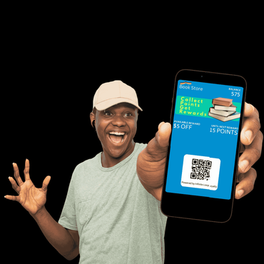 A small business owner holding their digital loyalty card looks excited.