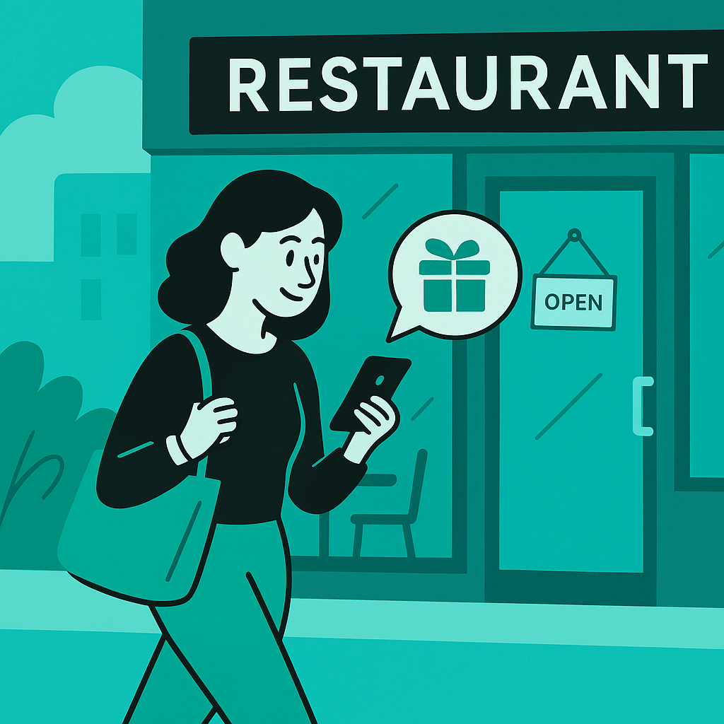 Restaurant customer receiving a digital reward message while walking past the storefront.