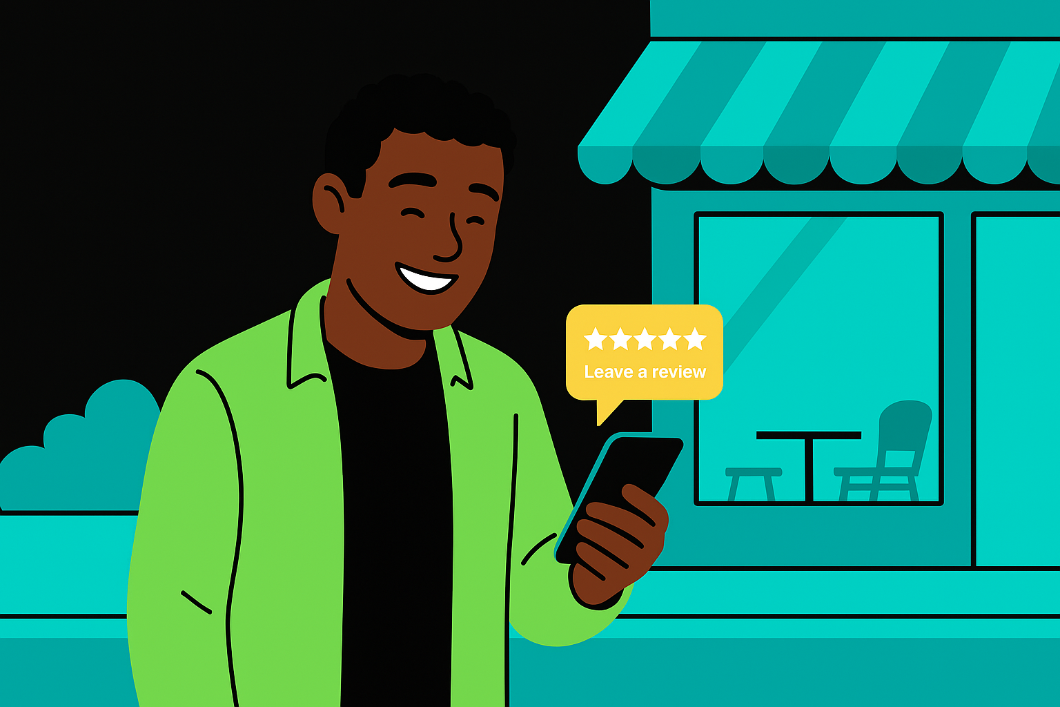 Customer receiving a review request notification on their phone while smiling after a restaurant visit.