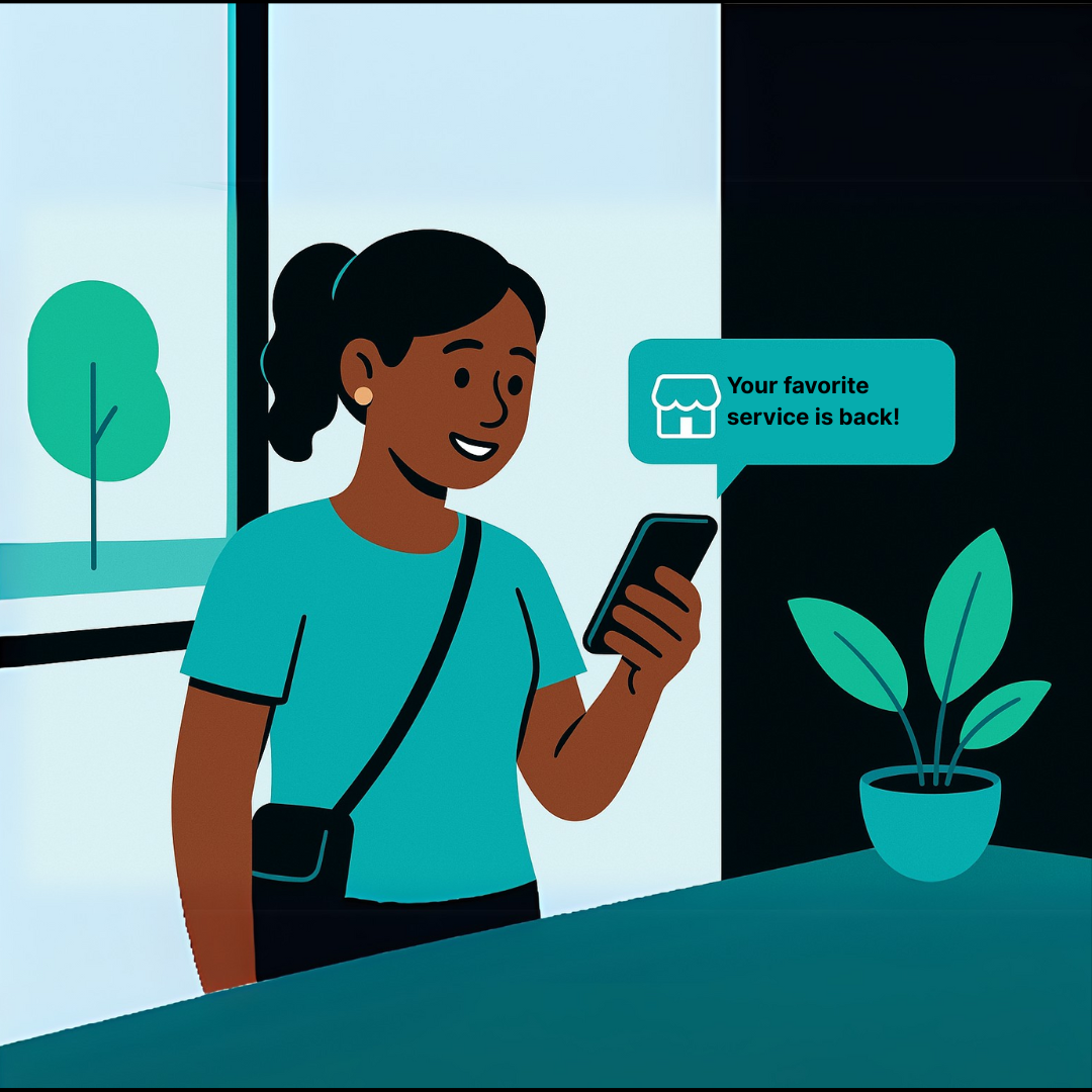 A happy loyalty club customer is looking at her phone, distracted by daily life.