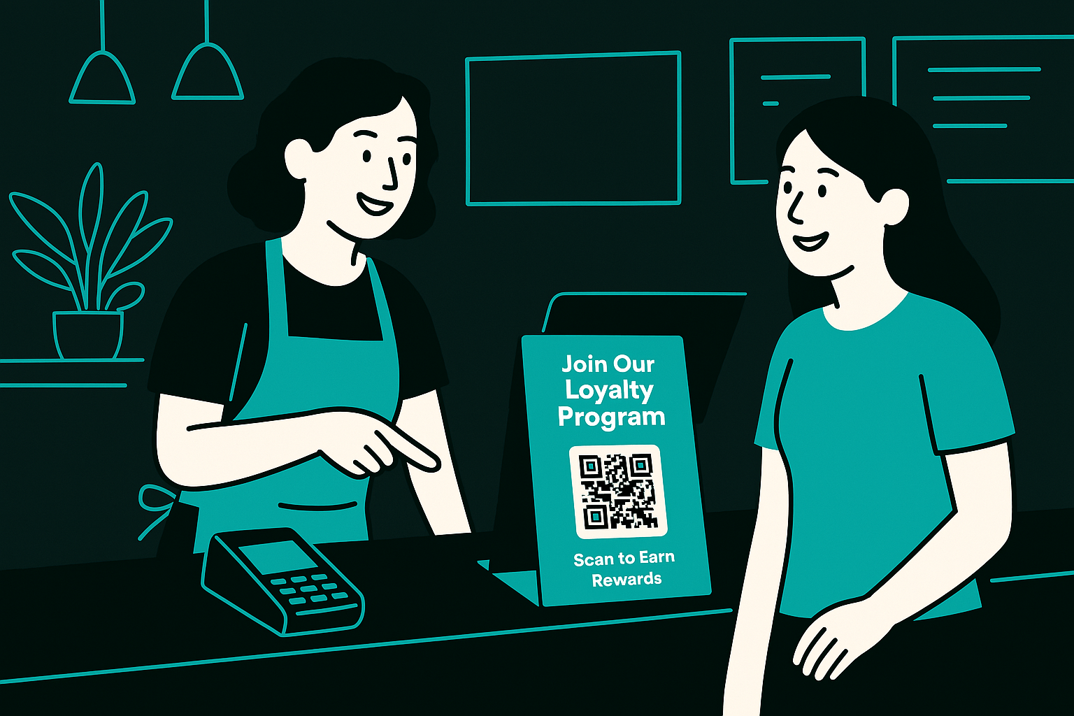 Restaurant cashier pointing to a counter sign promoting a digital loyalty program as a customer smiles.