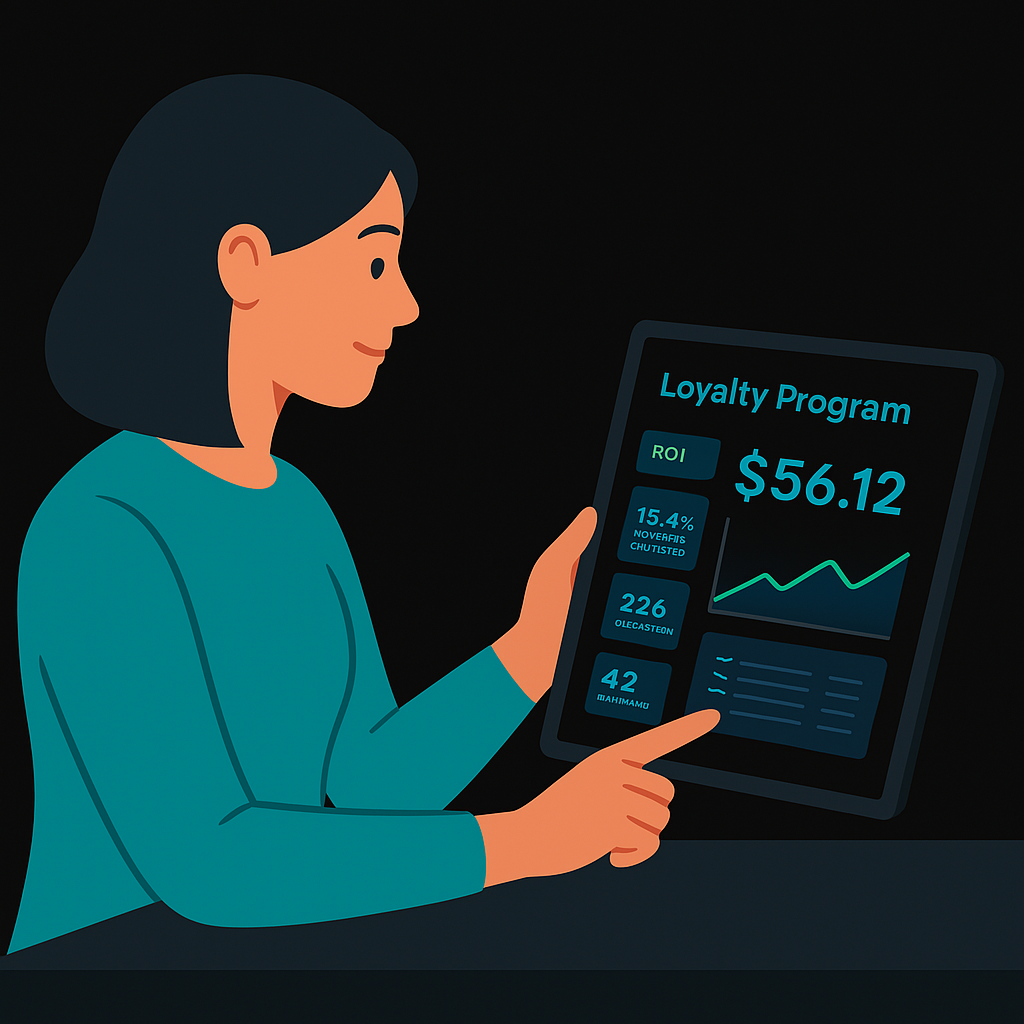 Business owner reviewing loyalty program analytics on a tablet showing return on investment metrics.