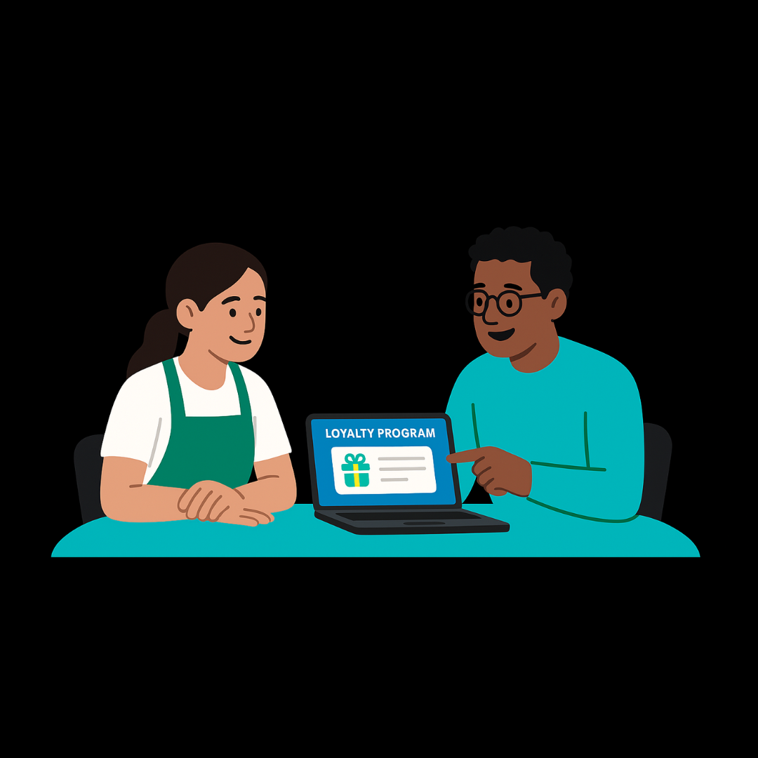 Small business owner sitting with a loyalty strategist reviewing a program setup on a laptop.