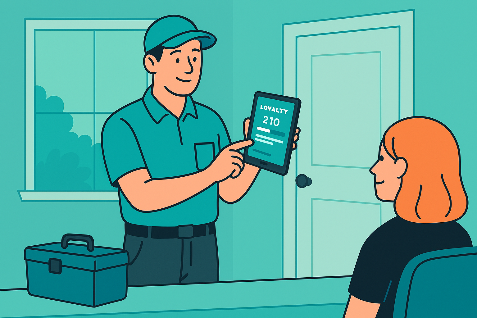 Home service technician reviewing loyalty program points on a tablet while standing in a customer’s home.