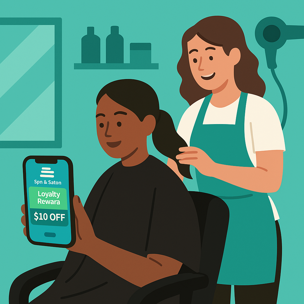 Salon client checking a loyalty reward on their phone while seated in a stylist’s chair.