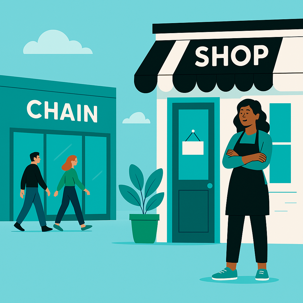 Local business owner frustrated standing outsite local shop watching customers visit a local chain storefront.