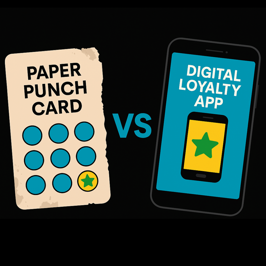 Side-by-side view of a paper punch card and a smartphone showing a digital loyalty app.