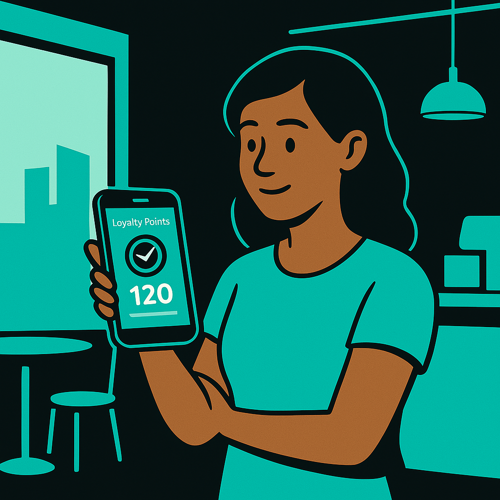 Customer checking loyalty points balance on smartphone inside a modern café.