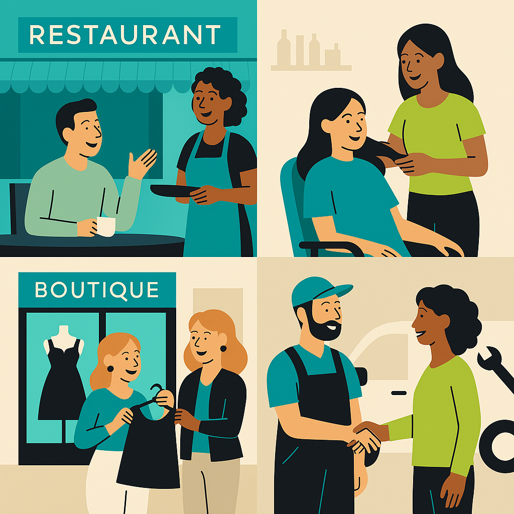 Collage of different local businesses: a restaurant, salon, boutique, and home service provider with happy customers.