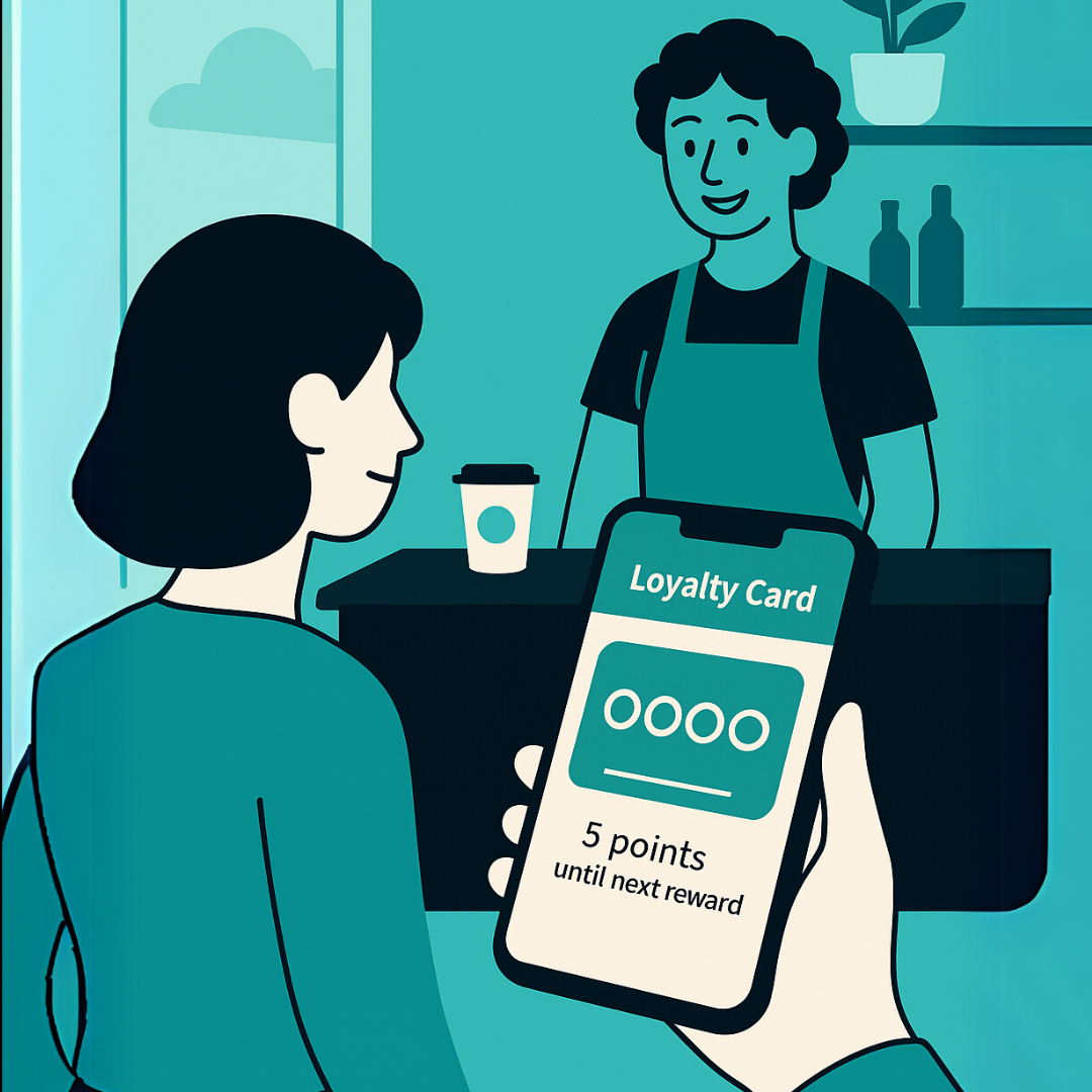 Customer using a smartphone to check digital loyalty card points at a café.