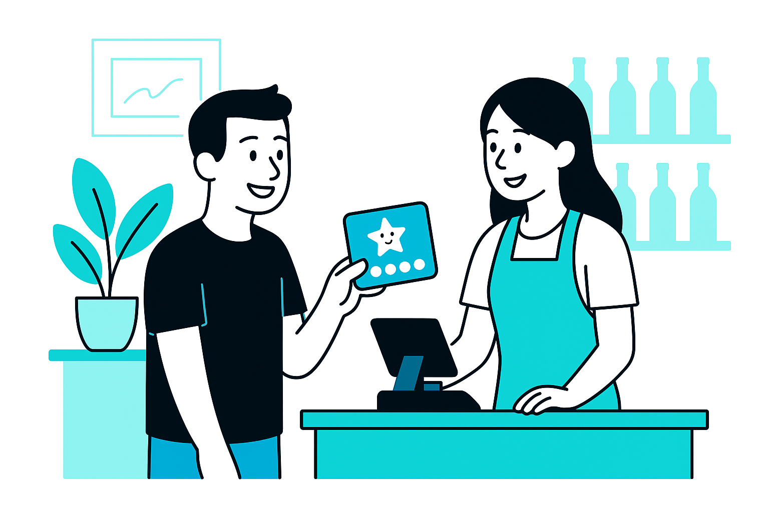 Customer earning rewards through a loyalty program at a small business checkout counter.