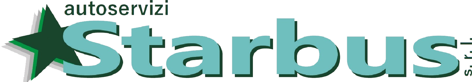 Logo per Starbus autoservizi, testo azzurro, stella verde scuro e testo in alto 
