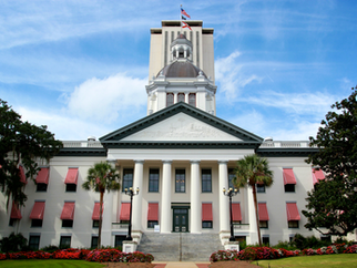Large, white, Legislative building in Tallahassee with white columns