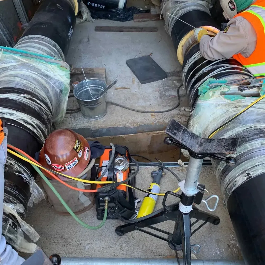 A man wearing a hard hat is working on a pipe