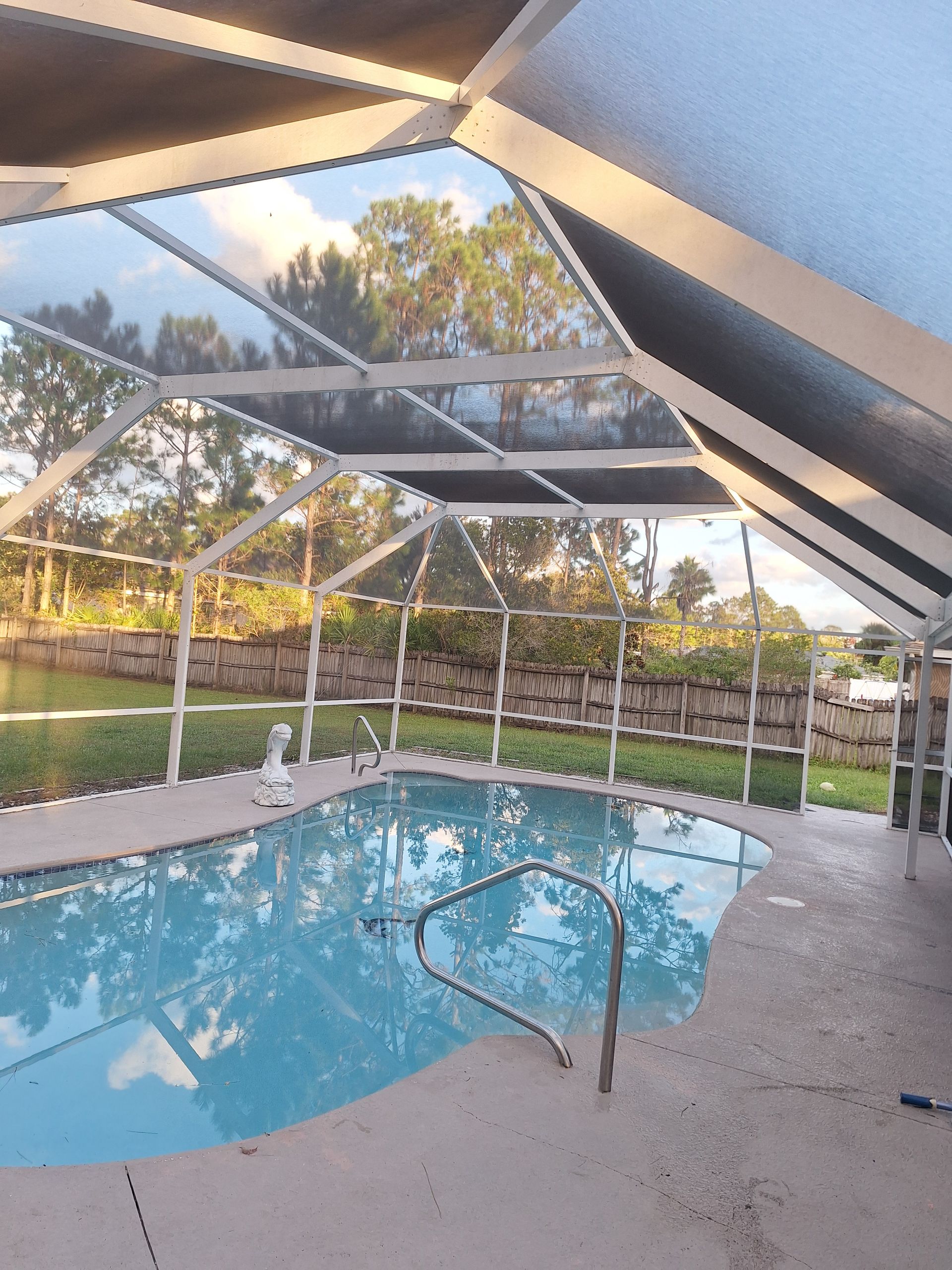 Pool enclosed by a screened lanai; blue water, white frame, greenery in background.