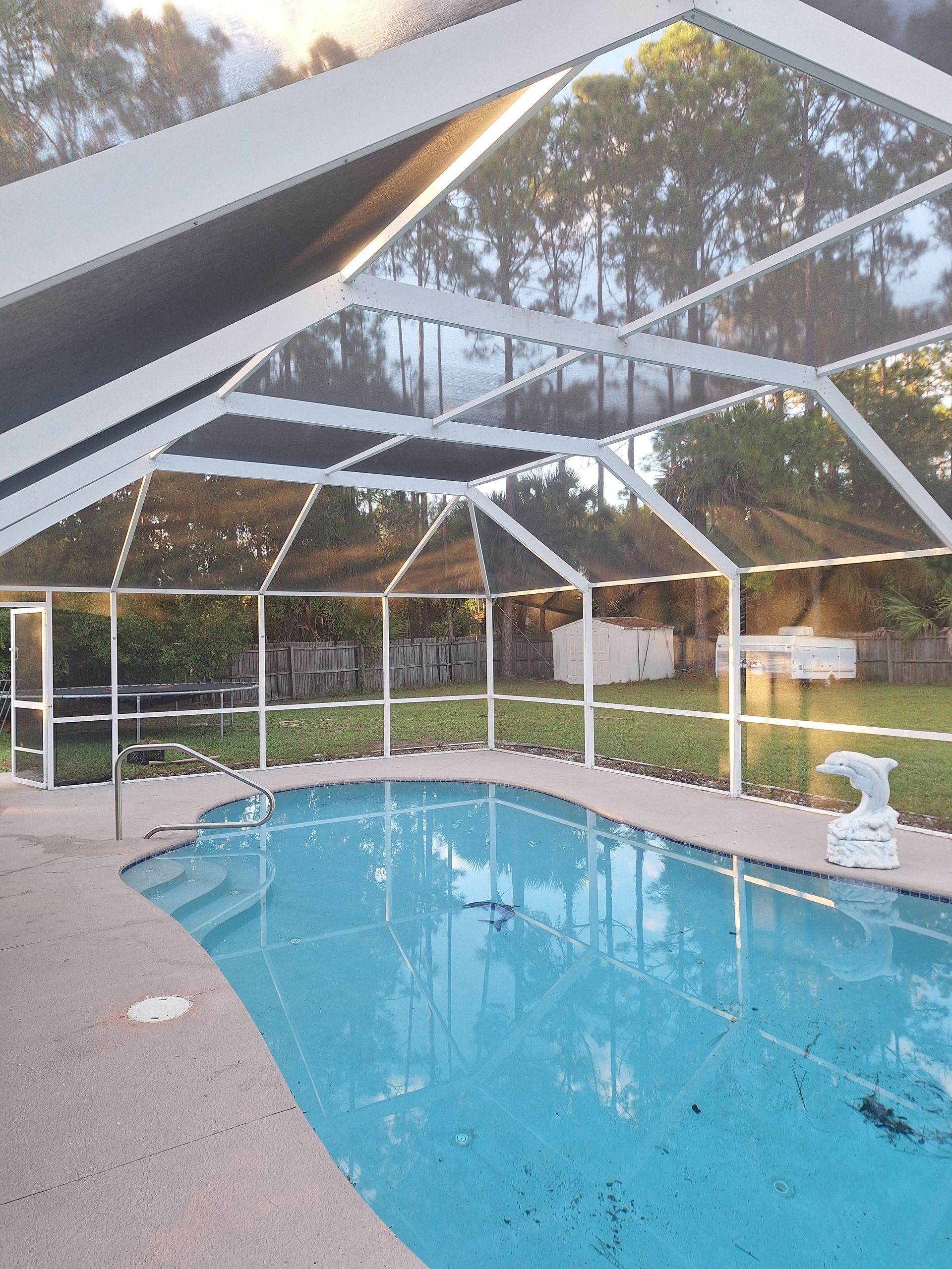 Pool enclosed by a screened-in structure with blue water and surrounding greenery.