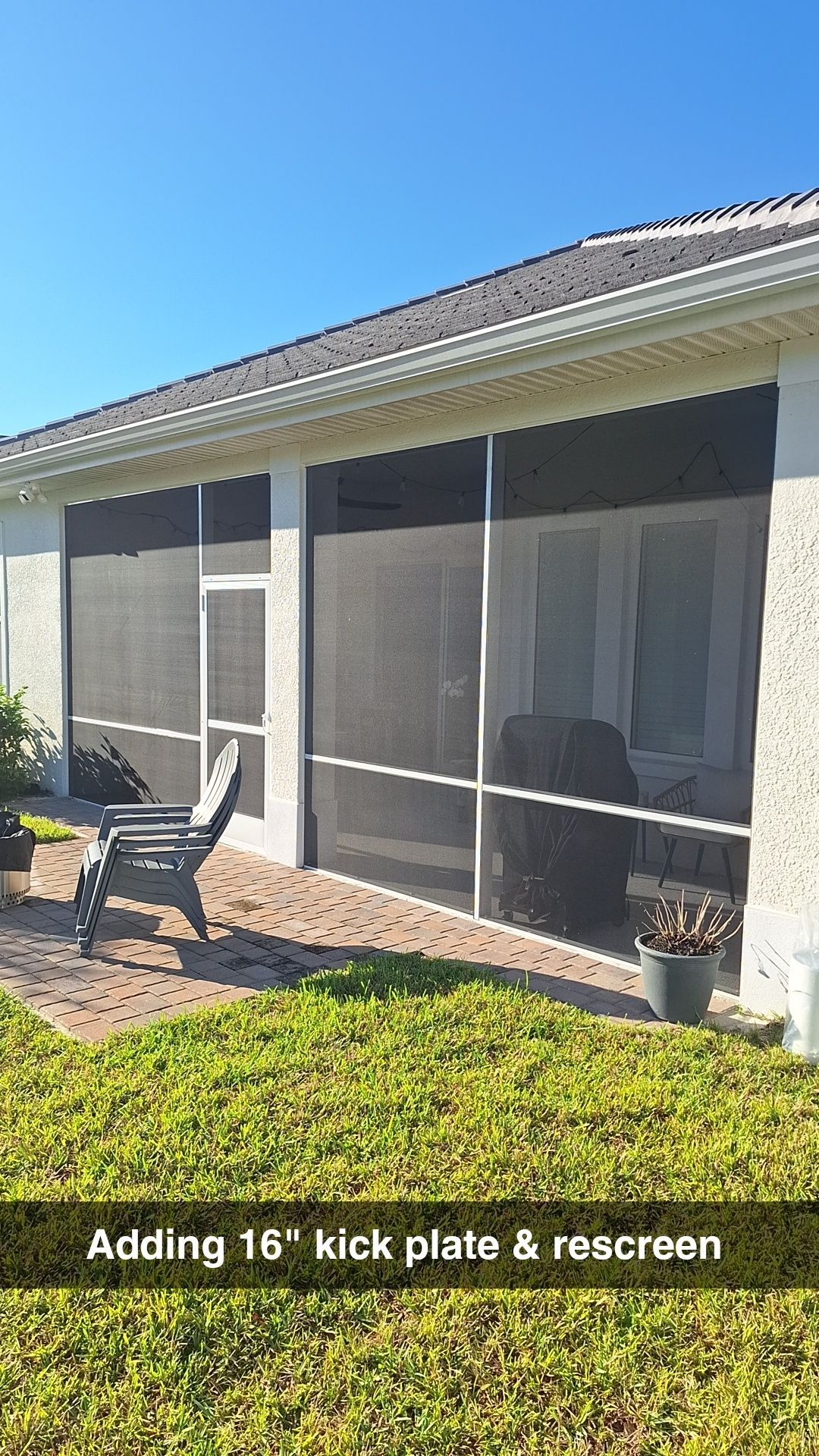 Screened-in patio with a chair, plants, and a text overlay indicating an upgrade with a kick plate and rescreening.