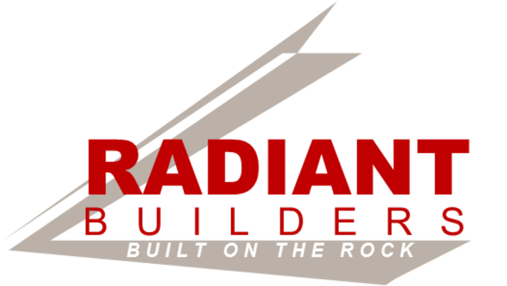 Radiant Builders logo with red text and angled gray lines; tagline "Built on the Rock"