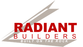 Radiant Builders logo with red text and angled gray lines; tagline "Built on the Rock"