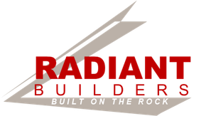 Radiant Builders logo with red text and angled gray lines; tagline "Built on the Rock"