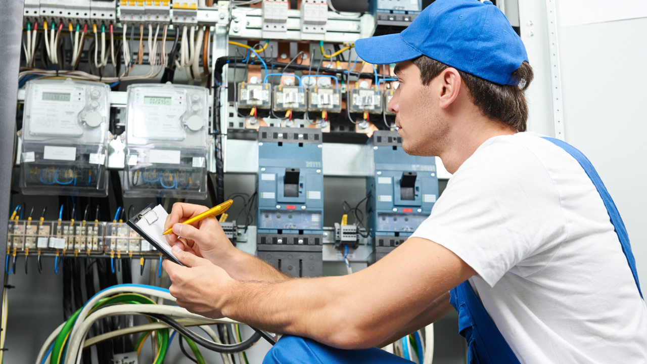 Electrician in blue overalls and cap inspecting electrical panel, writing on clipboard.