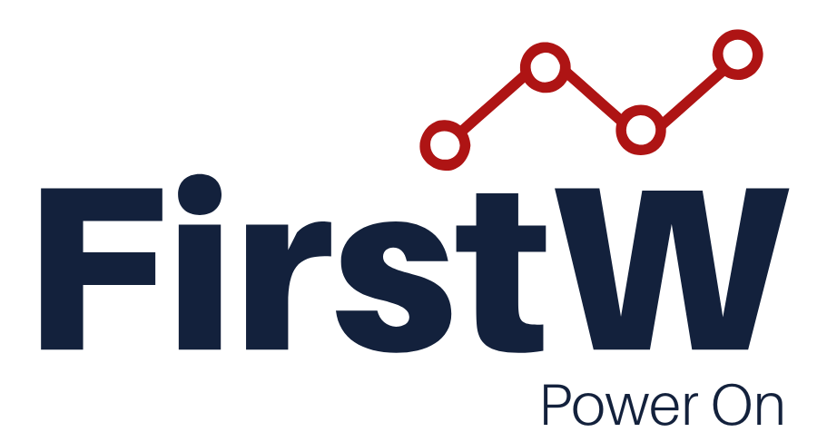 FirstW logo: dark blue text, stylized 