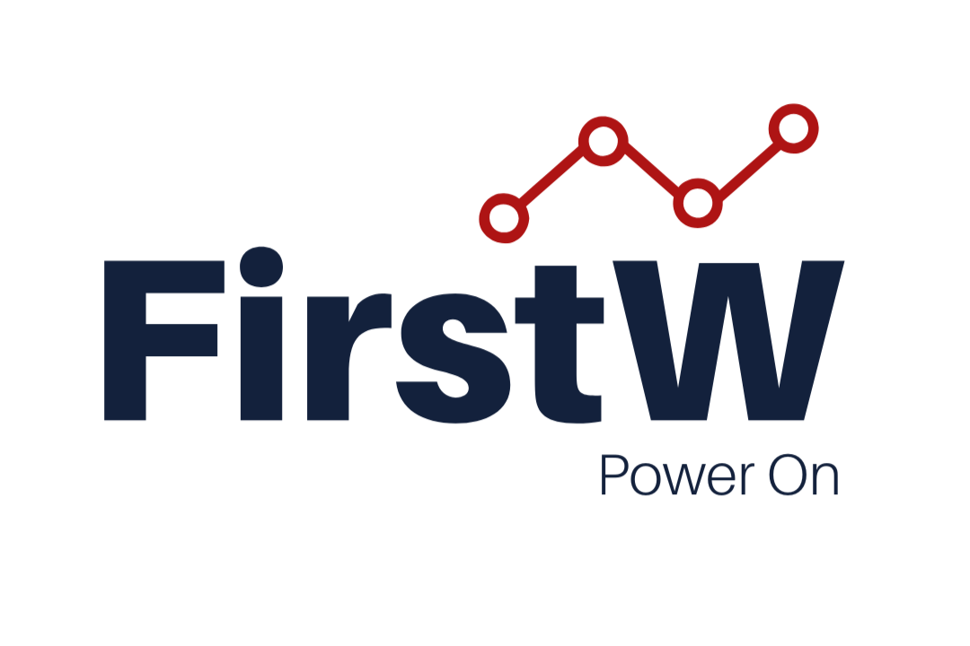 FirstW logo: dark blue text with a red line graph and 