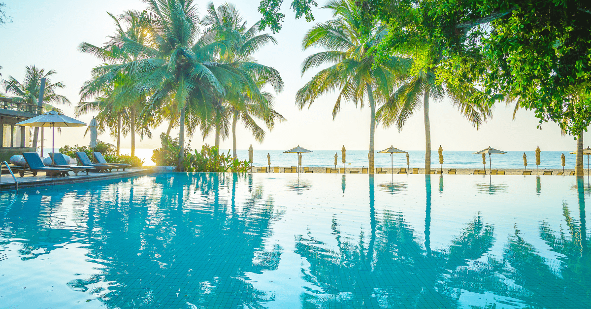 A large swimming pool surrounded by palm trees and chairs next to the ocean.