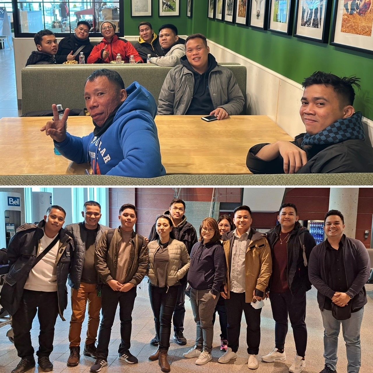 Un groupe de personnes assises à une table et un groupe de personnes debout les unes à côté des autres