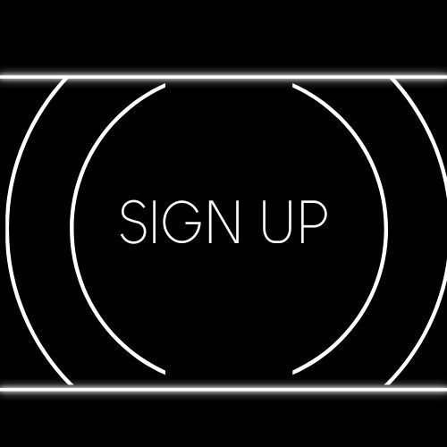 A sign up button is surrounded by white circles on a black background.
