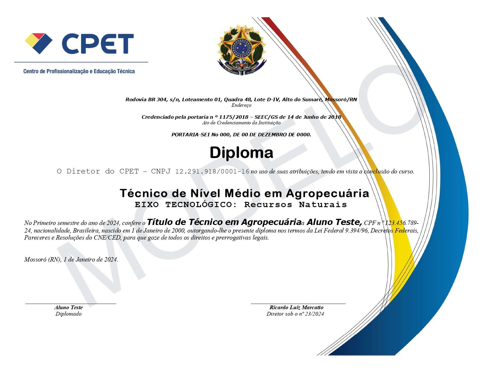 Modelo de diploma do Curso Técnico em Administração