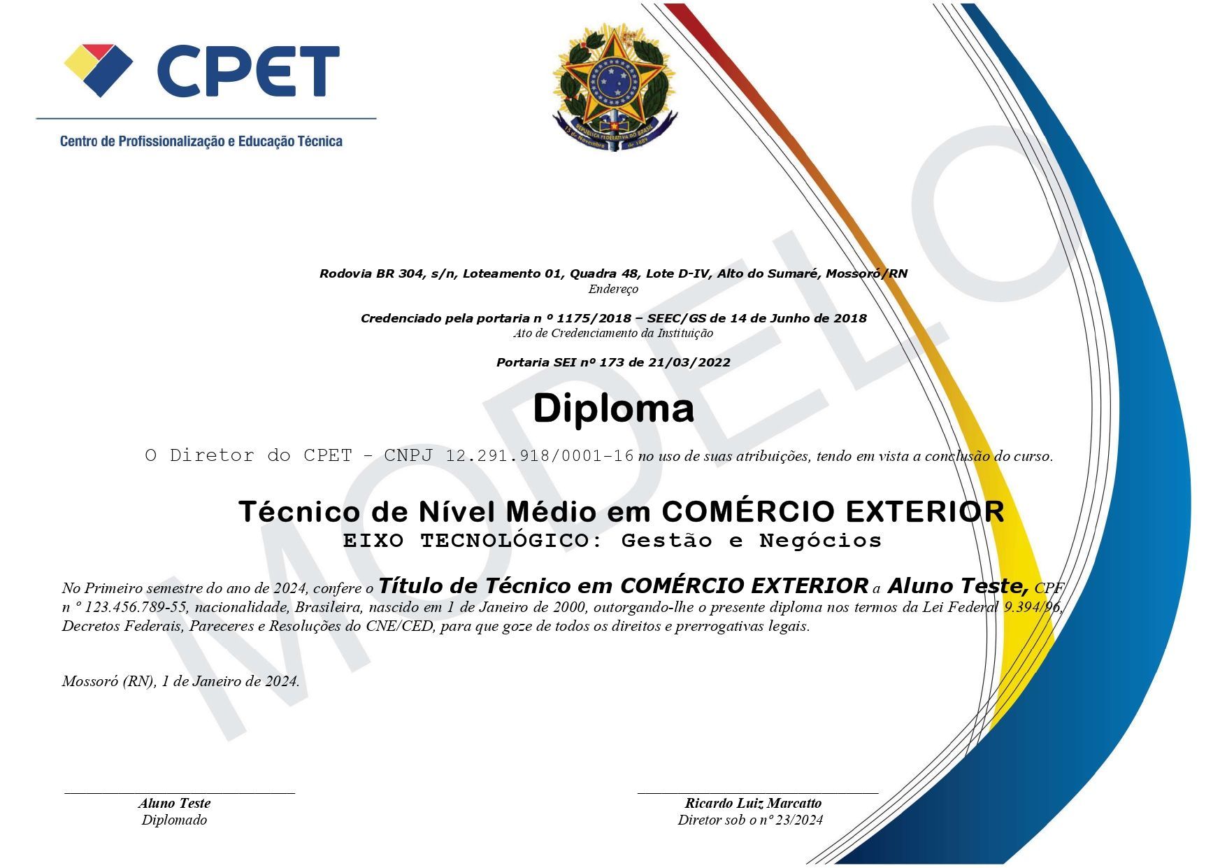 Exemplo de modelo de diploma do curso Técnico de Comércio Exterior