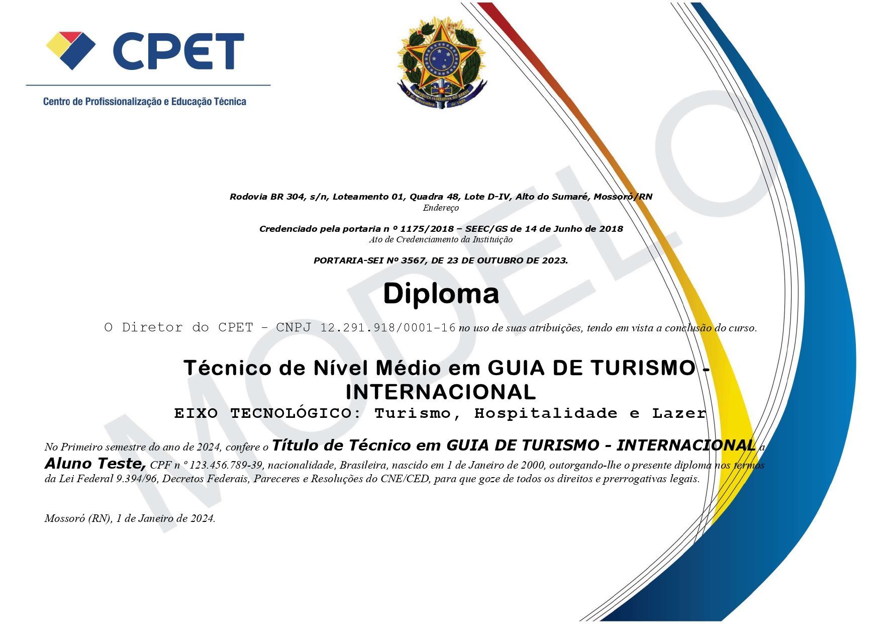 Modelo de Diploma do Curso Técnico em Guia de Turismo Internacional