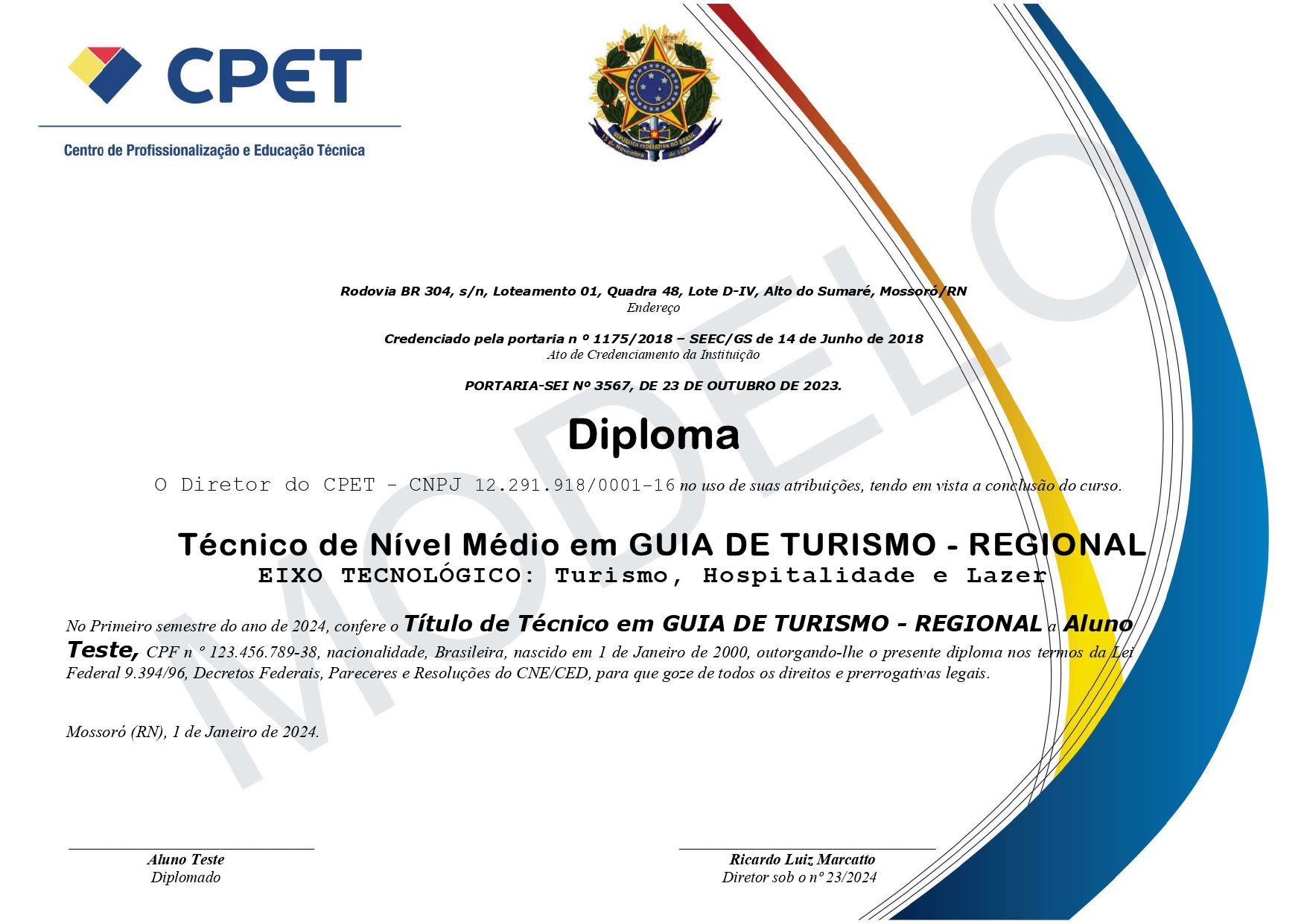 Modelo de diploma do Curso Técnico em Guia de Turismo Regional