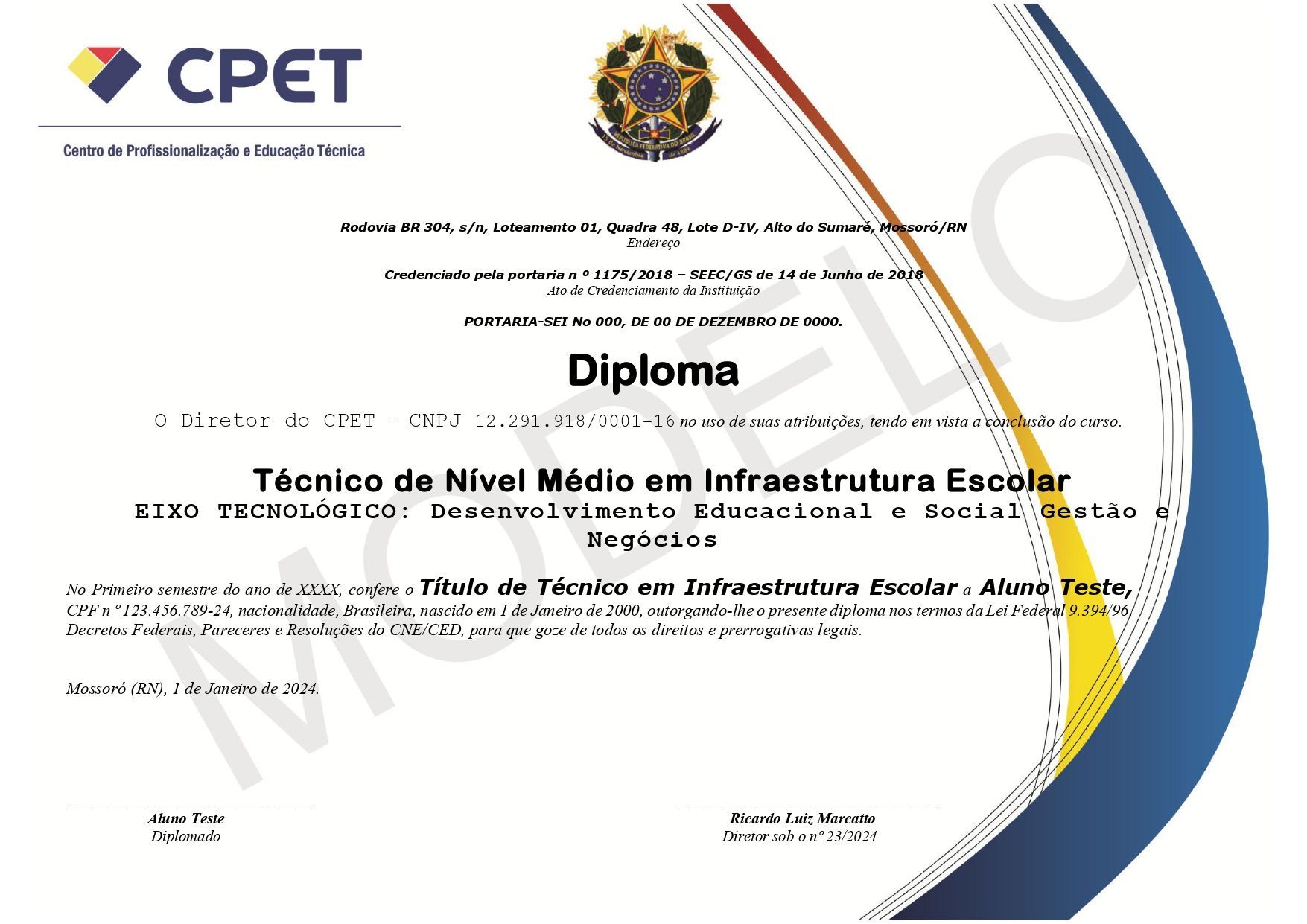 Modelo de diploma do Curso Técnico em Administração