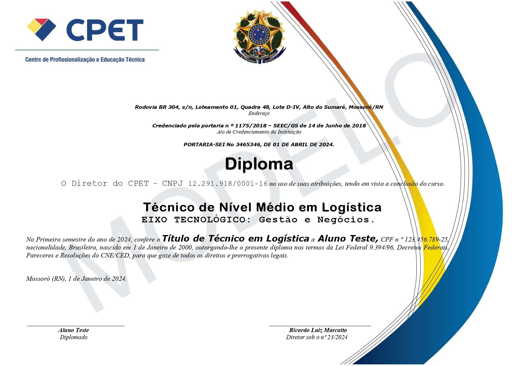 Modelo de diploma do Curso Técnico em Logística