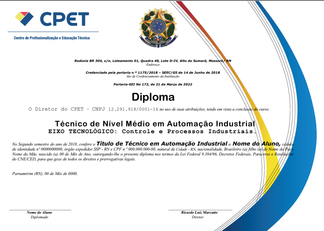 Modelo de diploma do Curso Técnico em Automação Industrial