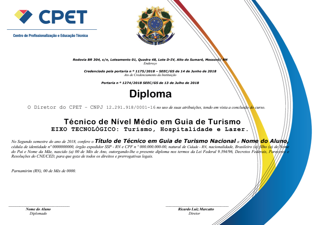 Modelo de diploma do Curso Técnico em Guia de Turismo Nacional e Regional