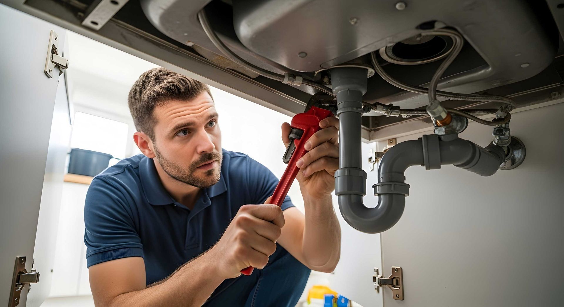 A focused plumber kneels under the kitchen sink, fixing pipes with tools and steady hands.
