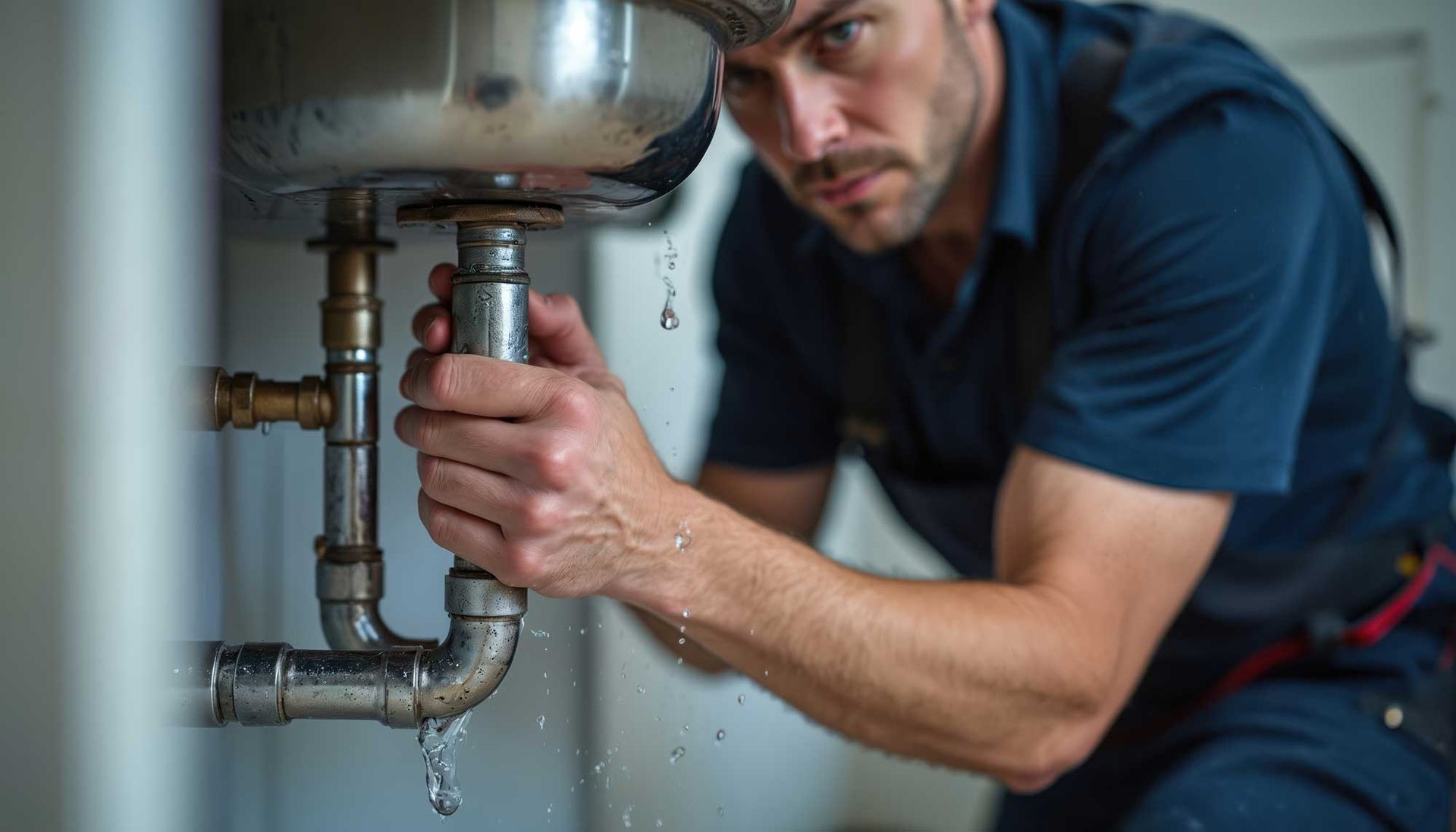Emergency plumbing service fixing a leaking sink pipe with water dripping during urgent repair. Emergency plumbing service fixing a leaking sink pipe with water dripping during urgent repair.